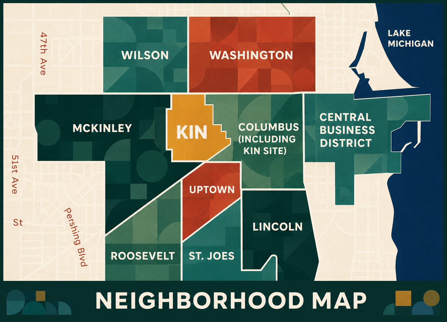 Map of Kenosha neighborhoods surrounding the KIN site
